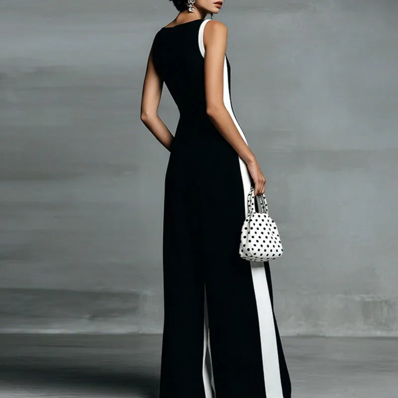 Annemarie | Women's Two Tone Sleeveless V Neck Wide Leg Jumpsuit