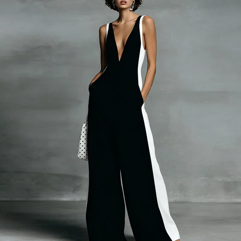 Annemarie | Women's Two Tone Sleeveless V Neck Wide Leg Jumpsuit