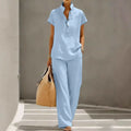 Annemiek | Women's Short Sleeve Wide Leg Button Front Two Piece Matching Set