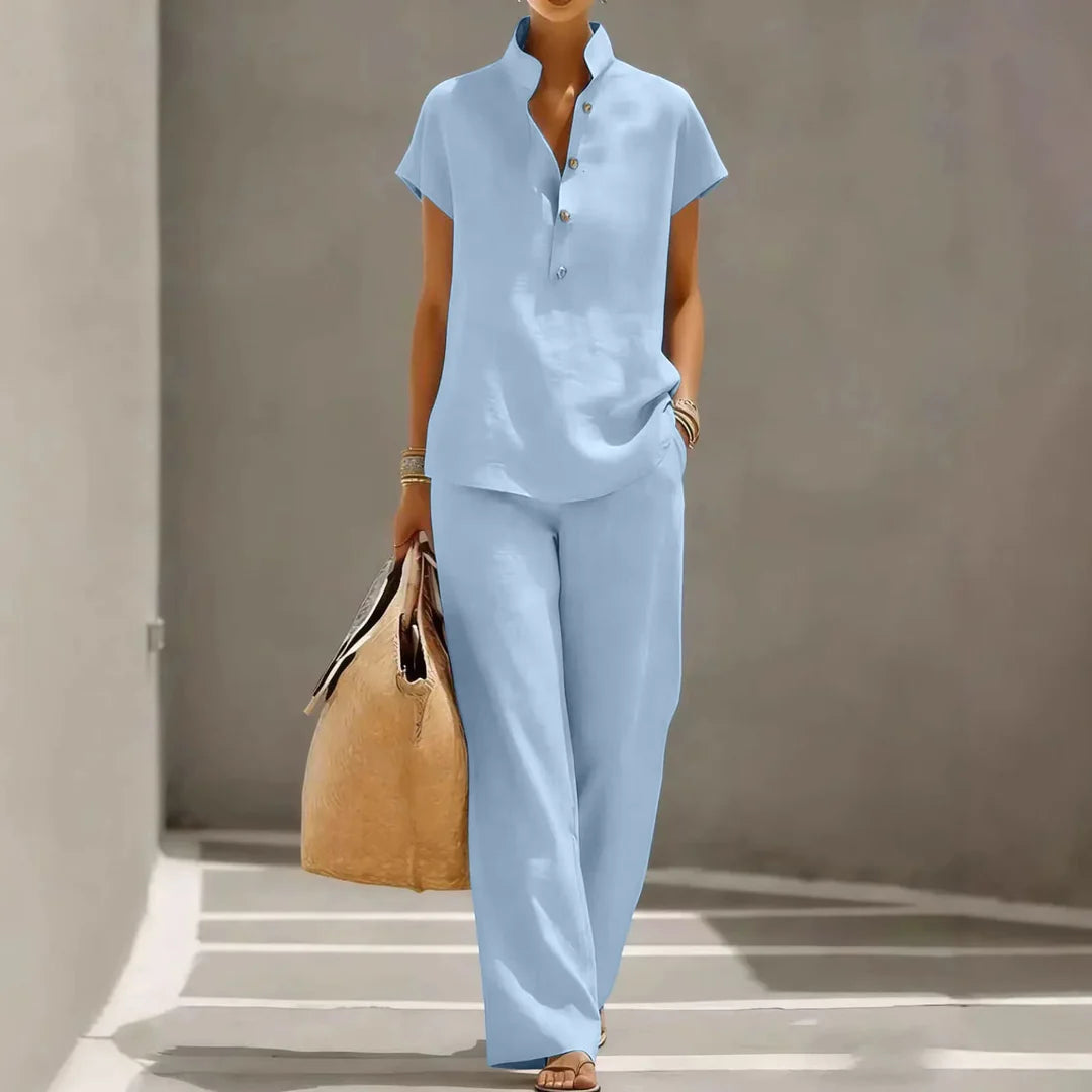 Annemiek | Women's Short Sleeve Wide Leg Button Front Two Piece Matching Set