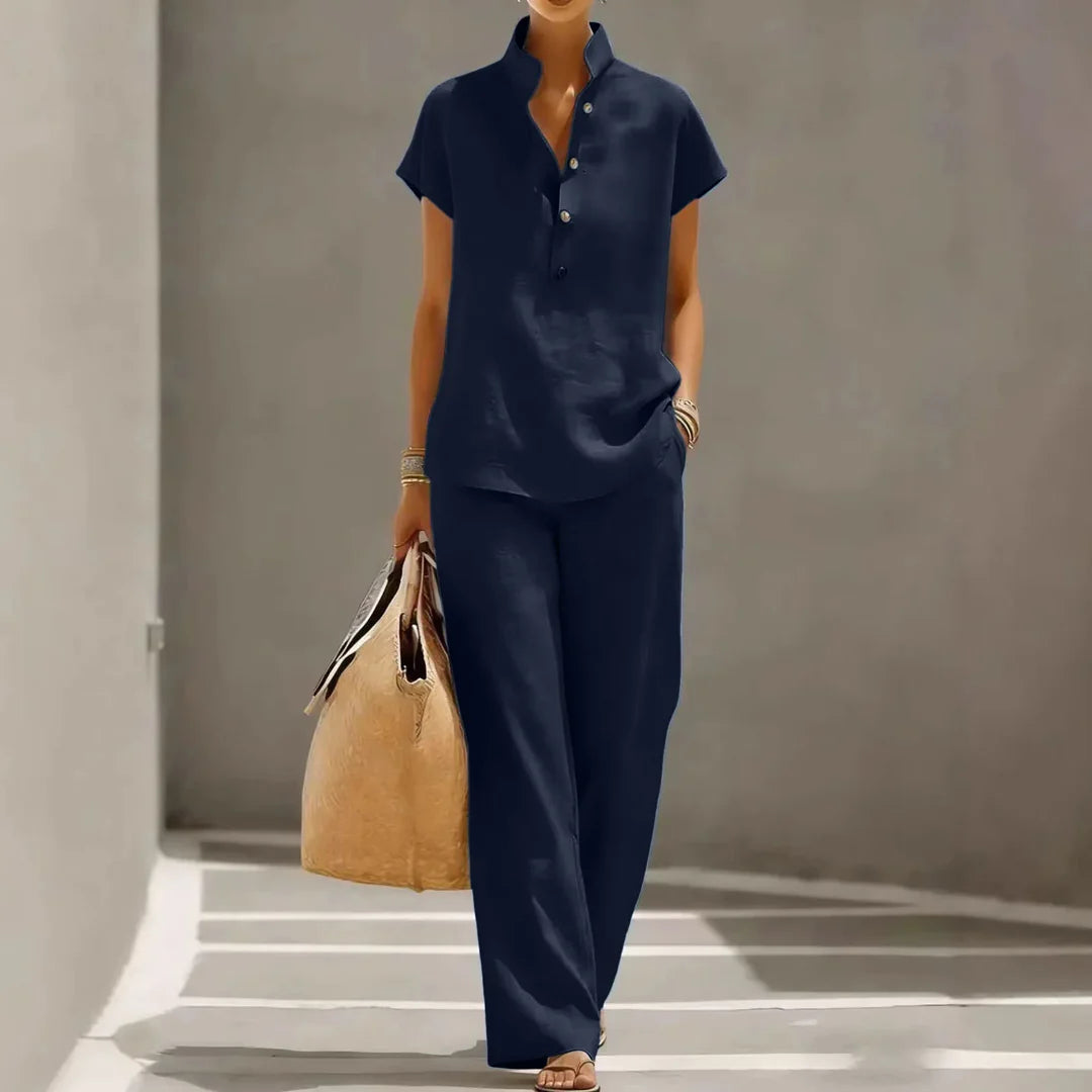 Annemiek | Women's Short Sleeve Wide Leg Button Front Two Piece Matching Set