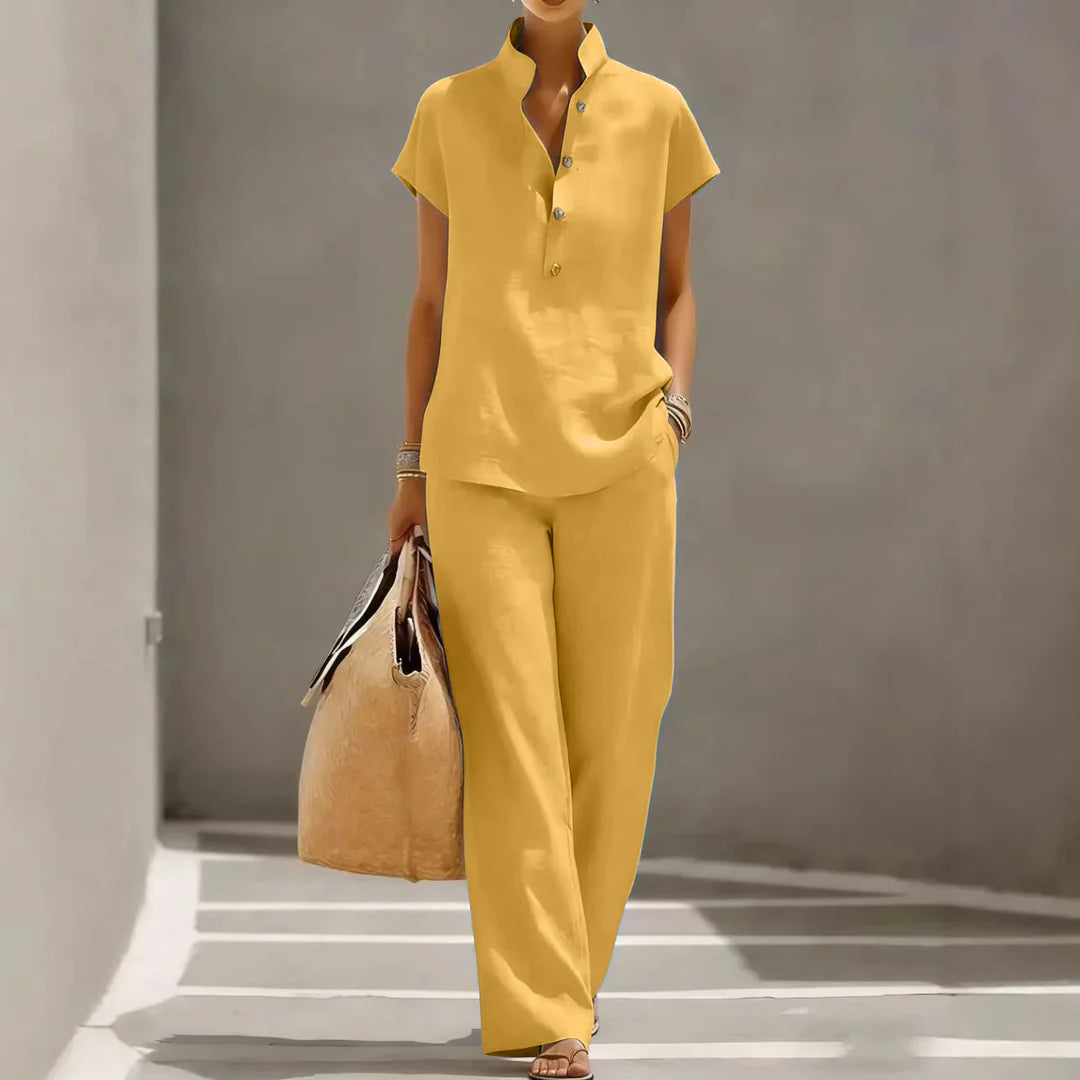 Annemiek | Women's Short Sleeve Wide Leg Button Front Two Piece Matching Set