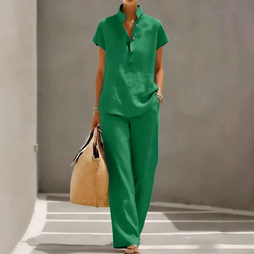 Annemiek | Women's Short Sleeve Wide Leg Button Front Two Piece Matching Set