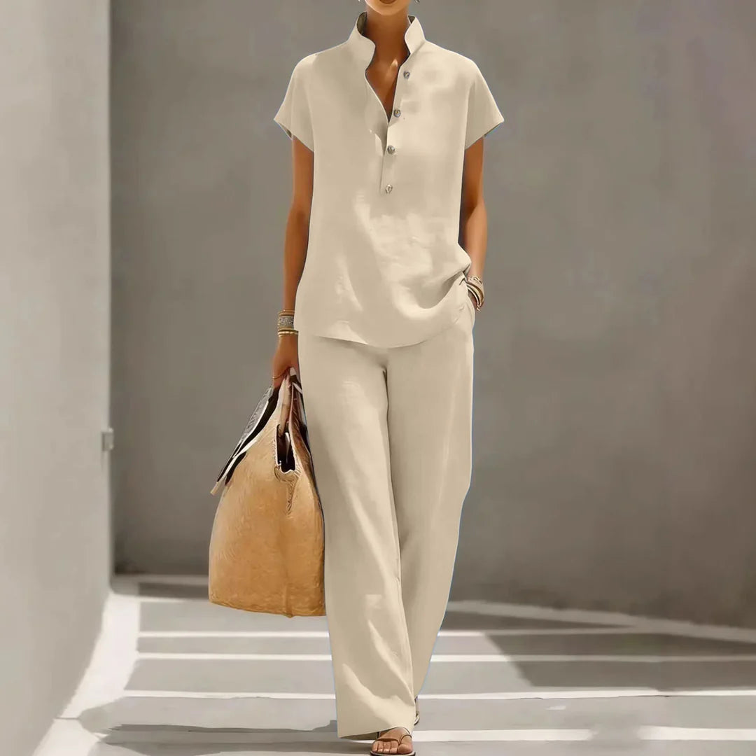 Annemiek | Women's Short Sleeve Wide Leg Button Front Two Piece Matching Set
