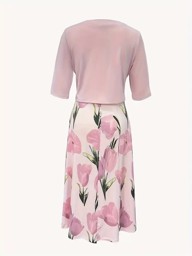 Annette | Women’s Floral Print V Neck Two Piece Dress