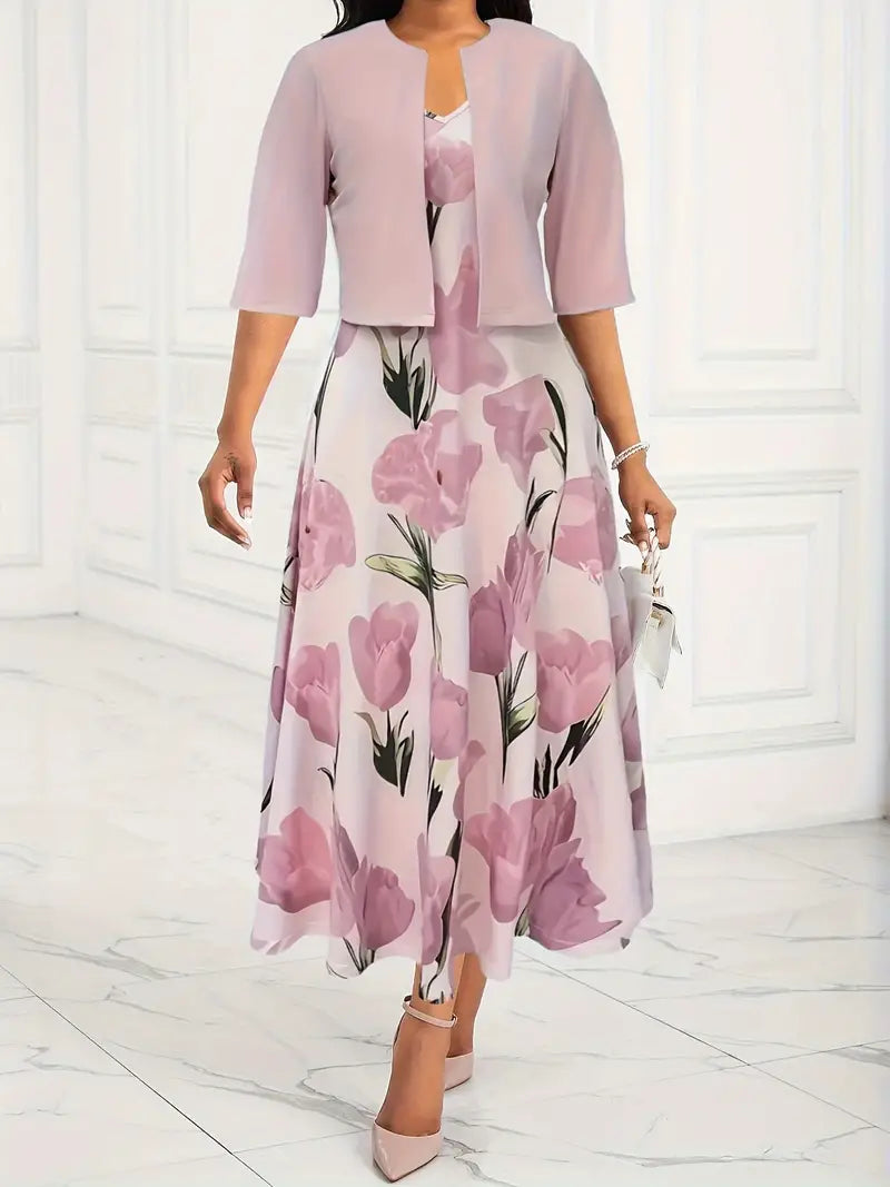 Annette | Women’s Floral Print V Neck Two Piece Dress