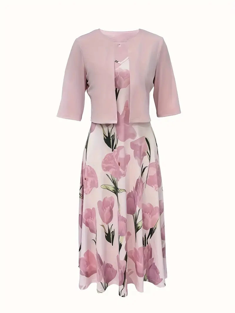 Annette | Women’s Floral Print V Neck Two Piece Dress