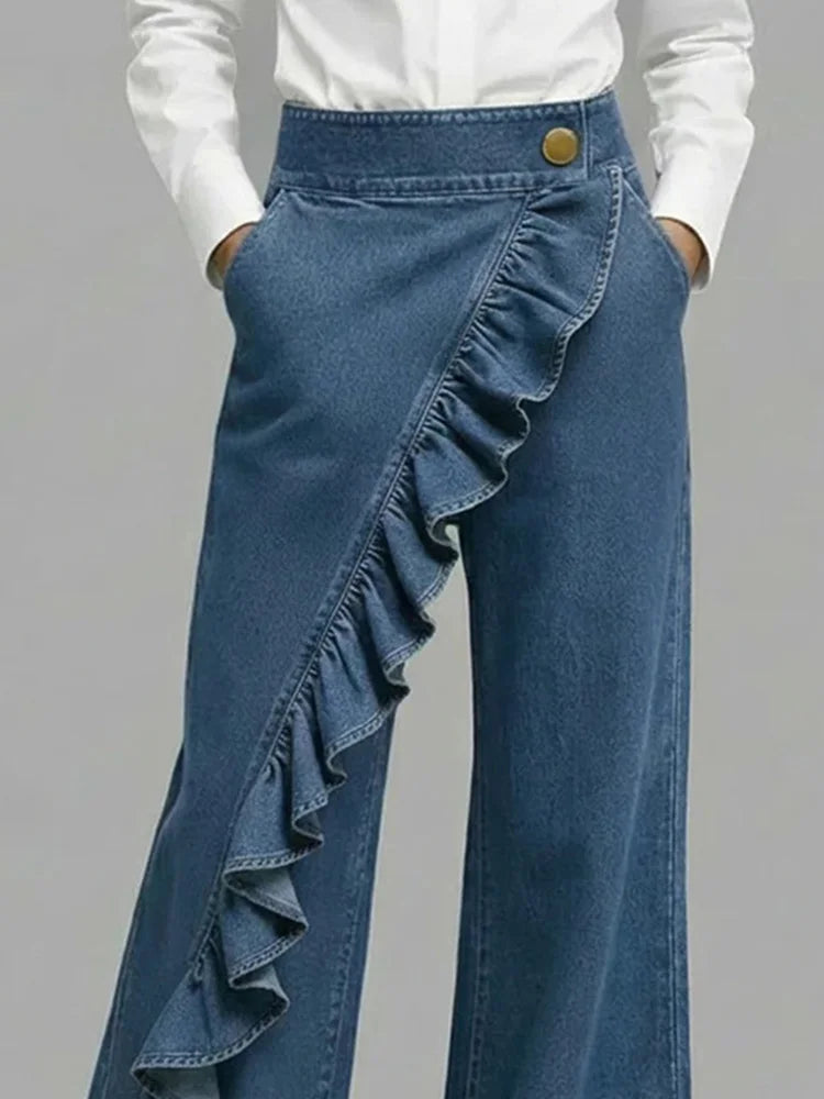 Annick | Women's High Rise Asymmetrical Ruffle Pocket Jeans
