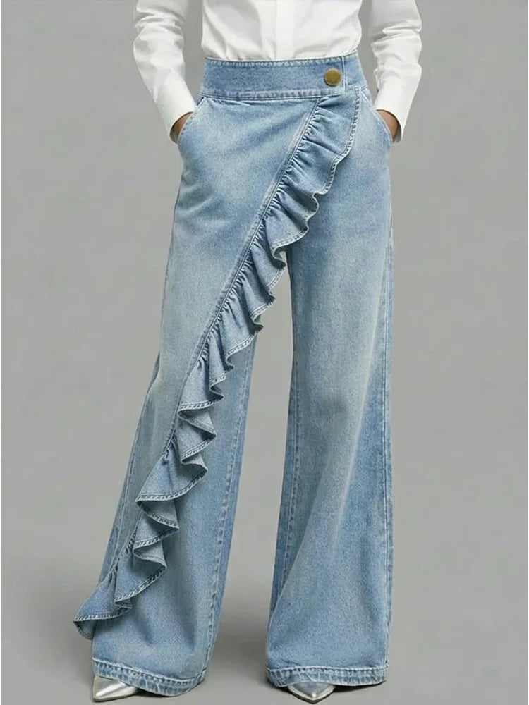 Annick | Women's High Rise Asymmetrical Ruffle Pocket Jeans