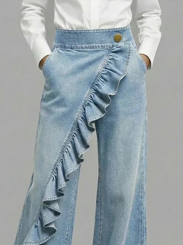Annick | Women's High Rise Asymmetrical Ruffle Pocket Jeans