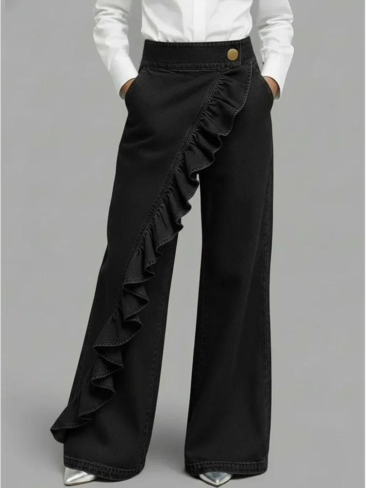 Annick | Women's High Rise Asymmetrical Ruffle Pocket Jeans