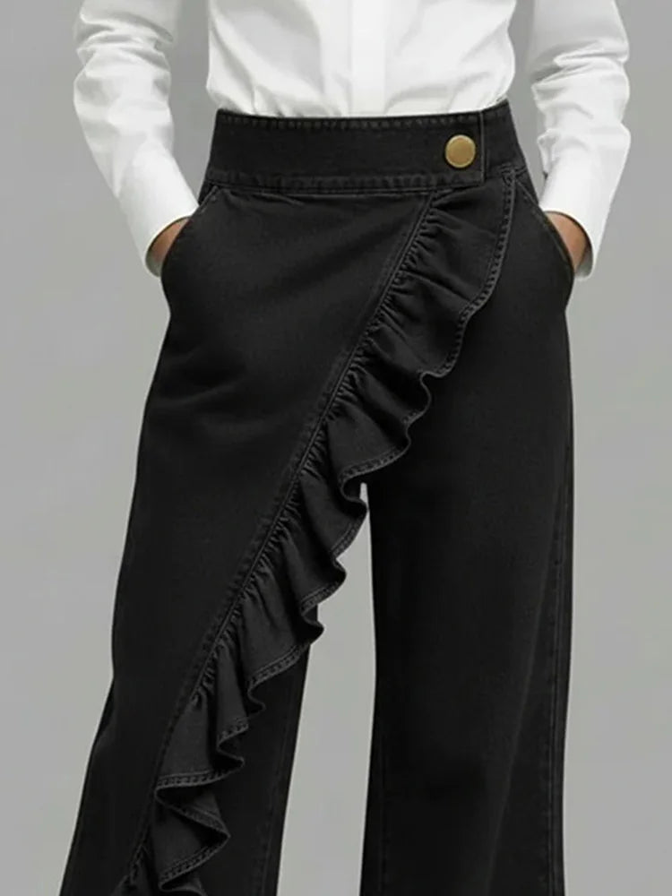 Annick | Women's High Rise Asymmetrical Ruffle Pocket Jeans