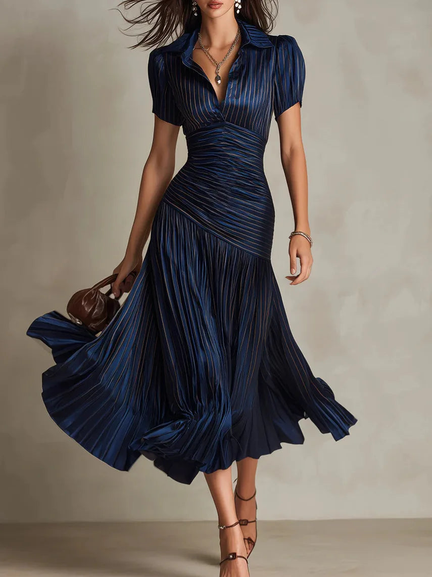 Anniela | Women's Pleated Collared Short Sleeve Wedding Guest Dress