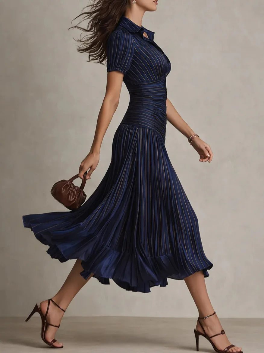 Anniela | Women's Pleated Collared Short Sleeve Wedding Guest Dress