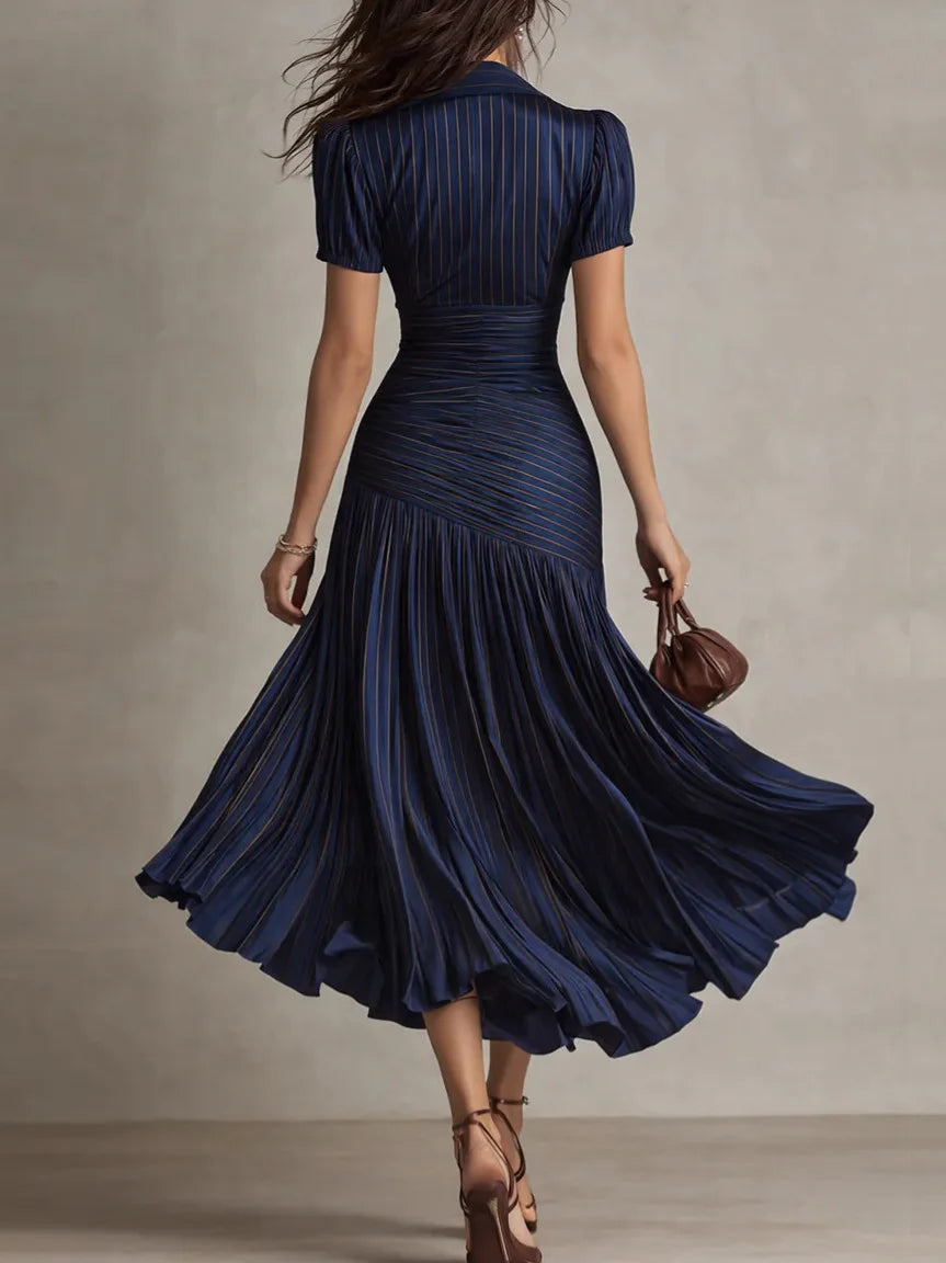 Anniela | Women's Pleated Collared Short Sleeve Wedding Guest Dress
