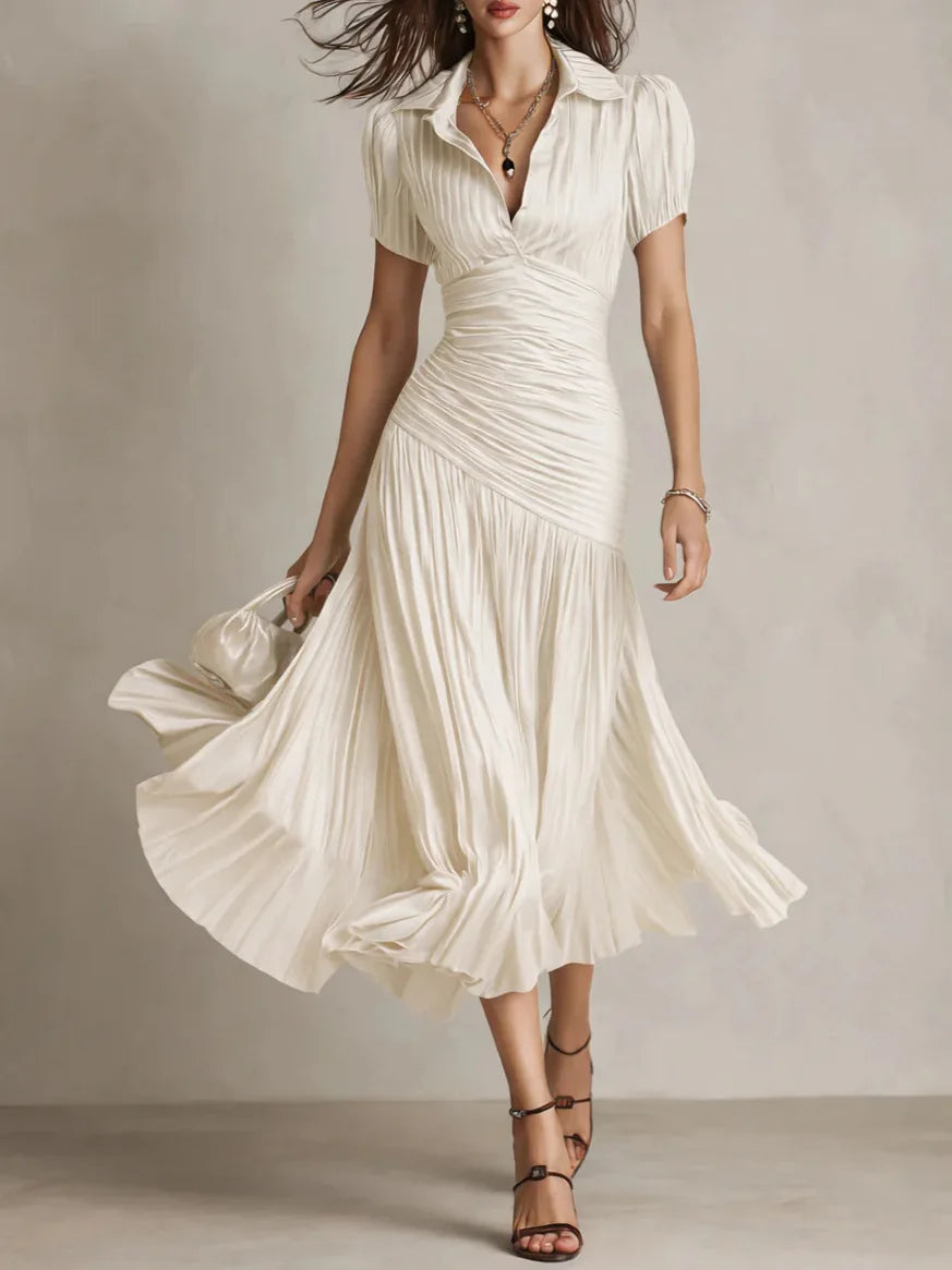Anniela | Women's Pleated Collared Short Sleeve Wedding Guest Dress