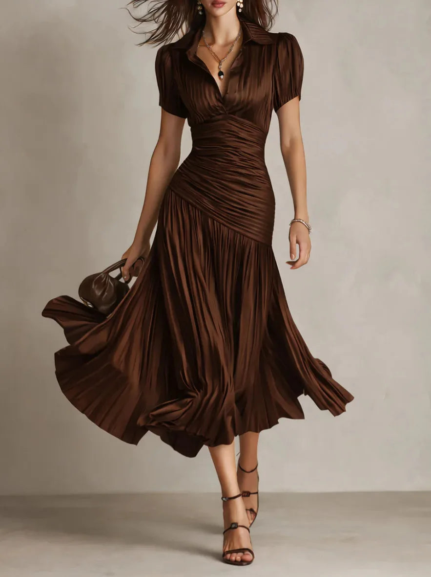 Anniela | Women's Pleated Collared Short Sleeve Wedding Guest Dress