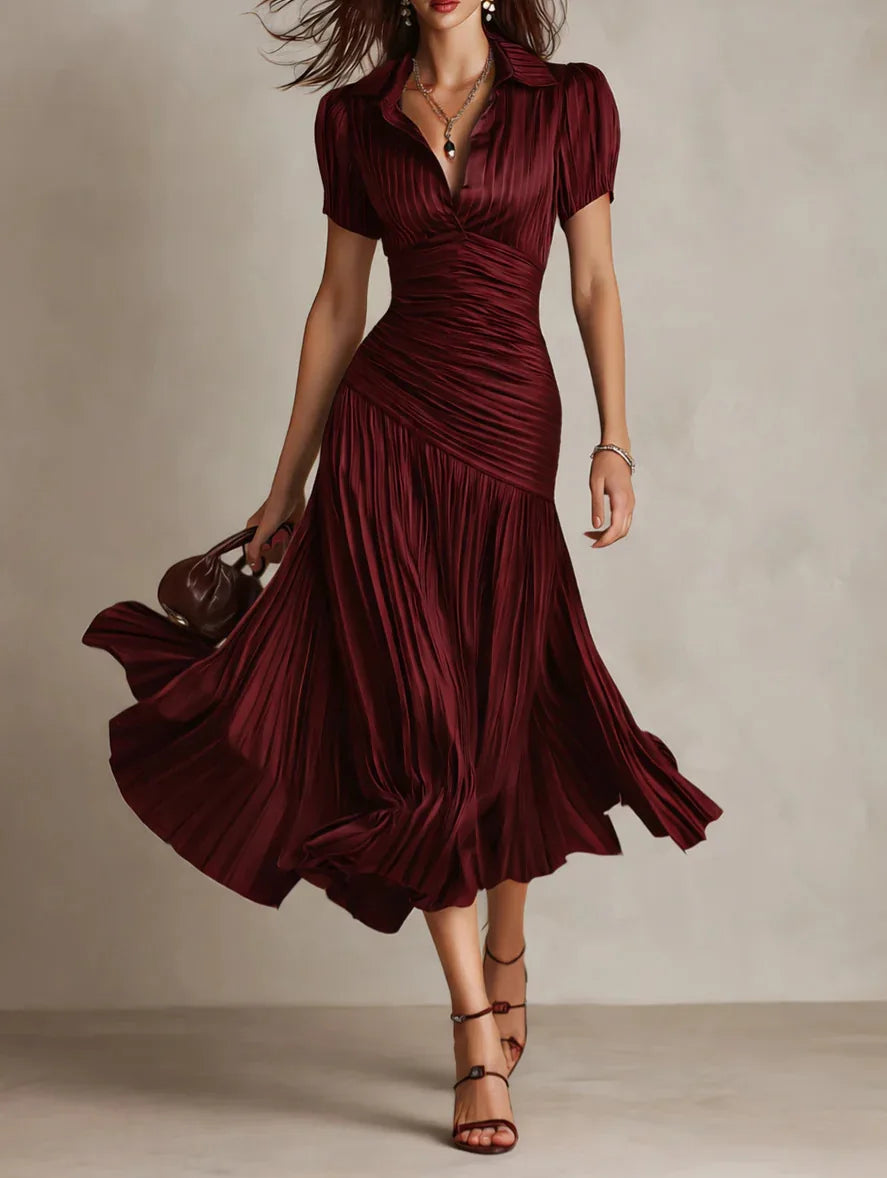 Anniela | Women's Pleated Collared Short Sleeve Wedding Guest Dress