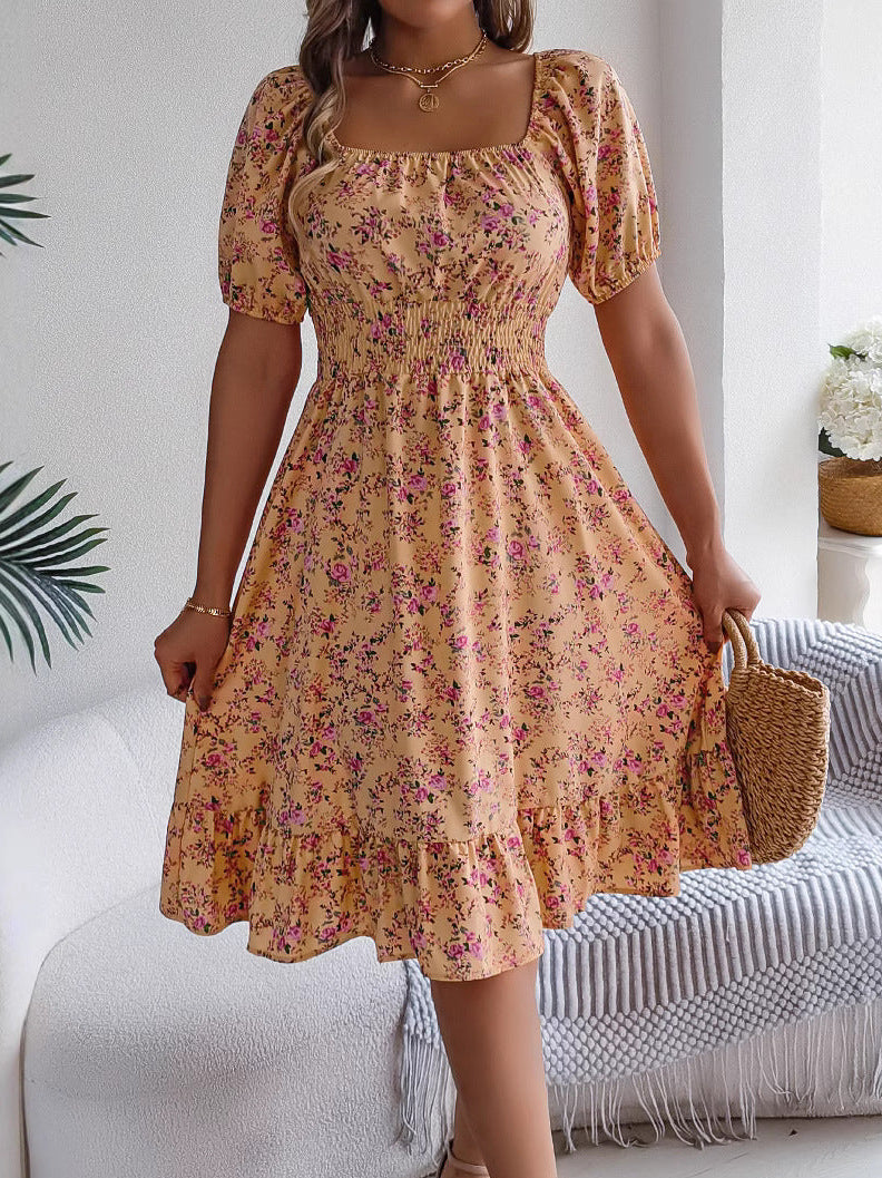 Annika | Women's Short Sleeve Floral Print Strapless Midi Dress