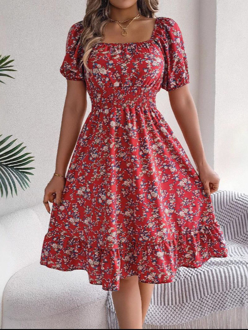 Annika | Women's Short Sleeve Floral Print Strapless Midi Dress