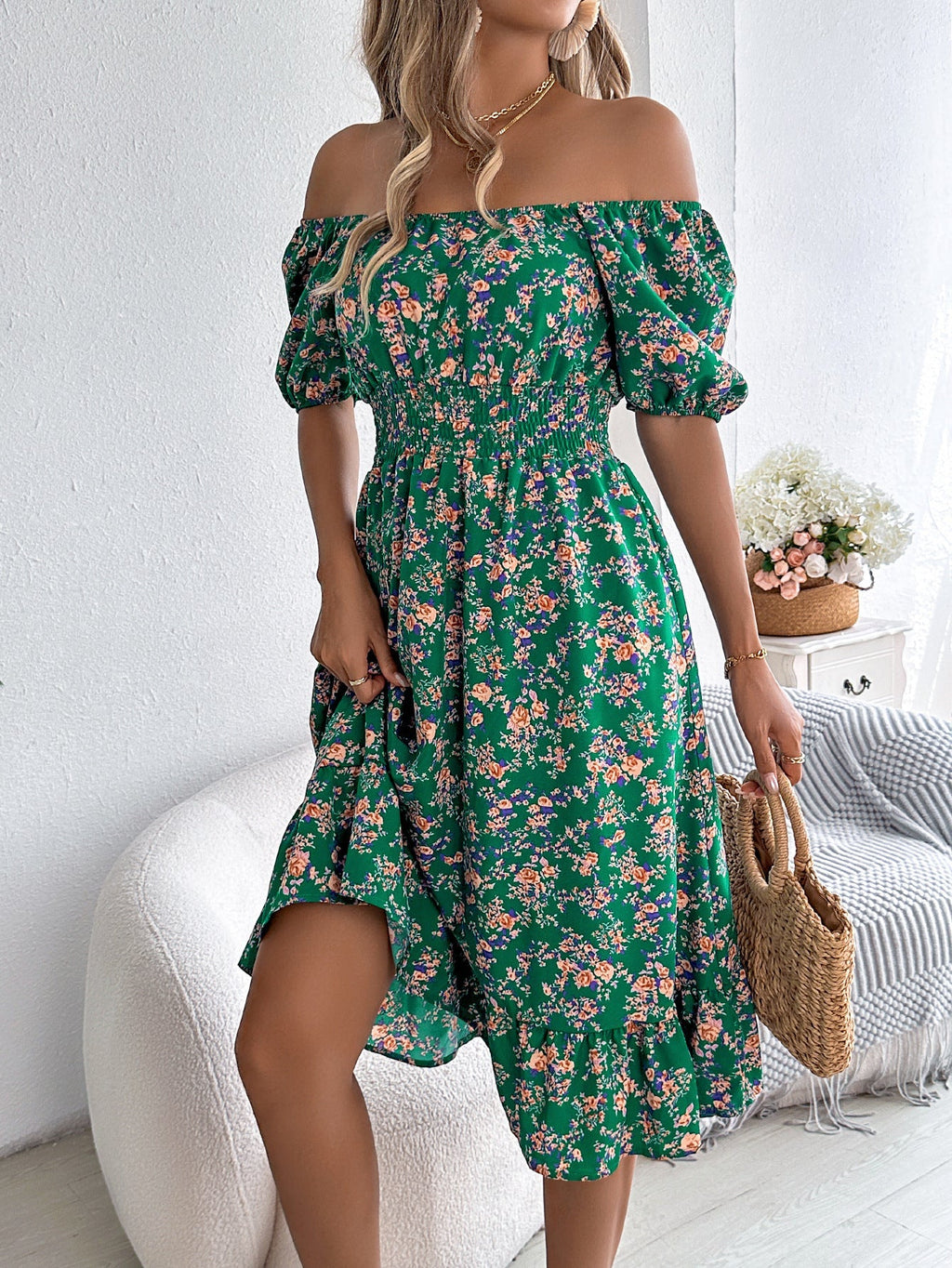 Annika | Women's Short Sleeve Floral Print Strapless Midi Dress