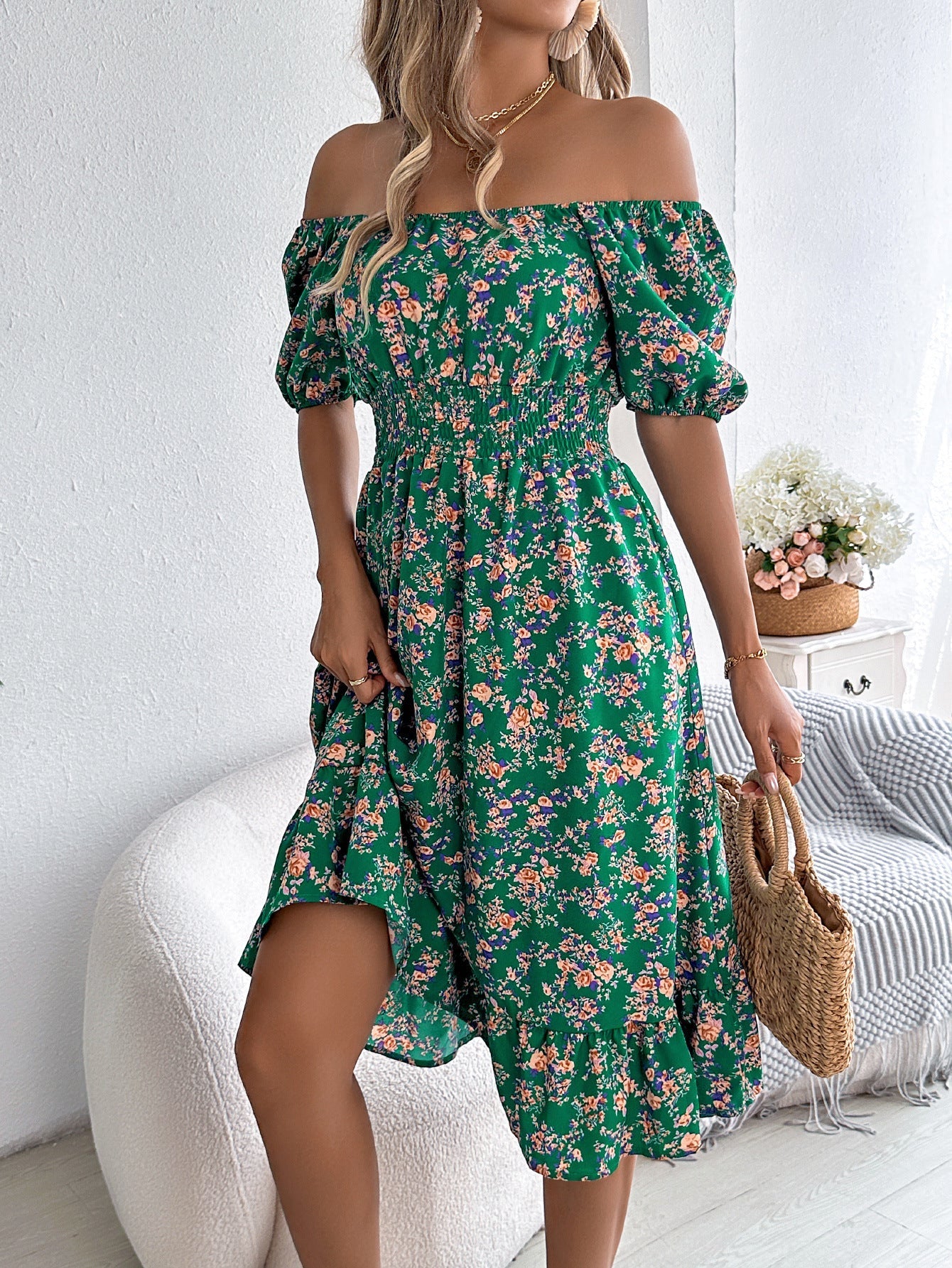 Annika | Women's Short Sleeve Floral Print Strapless Midi Dress