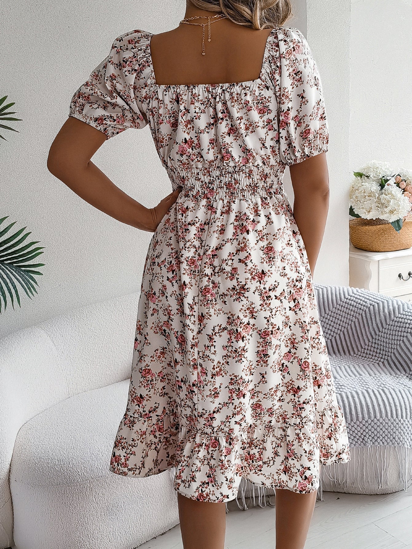 Annika | Women's Short Sleeve Floral Print Strapless Midi Dress