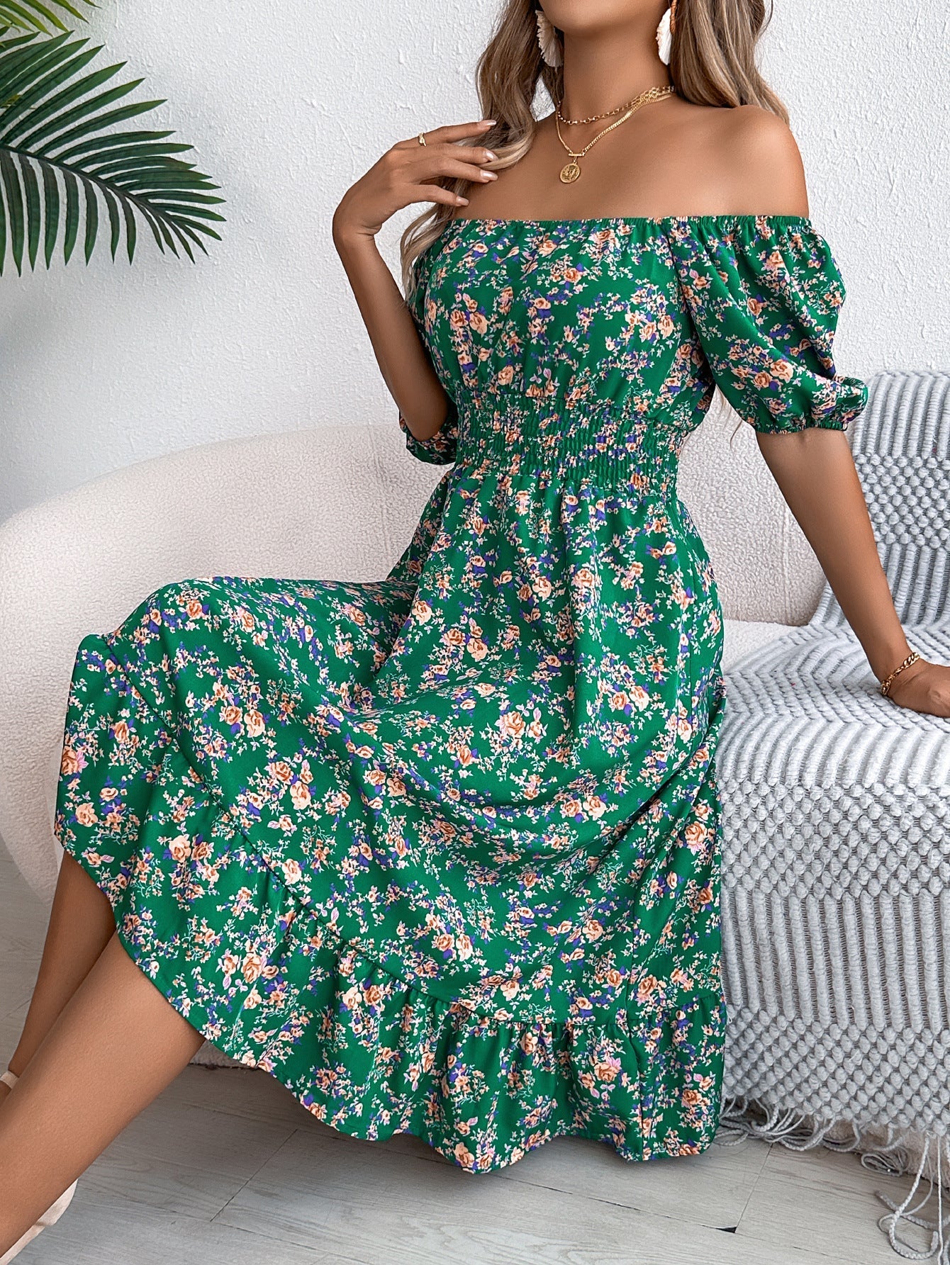 Annika | Women's Short Sleeve Floral Print Strapless Midi Dress