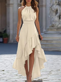 Anniken | Women’s Asymmetric Ruffle Halter Neck Sleeveless Midi Dress