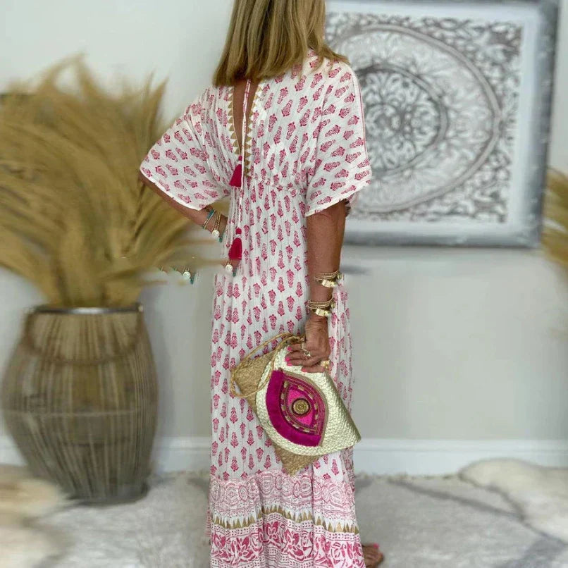 Annmarie | Women's Printed Short Sleeve V Neck Summer Maxi Dress