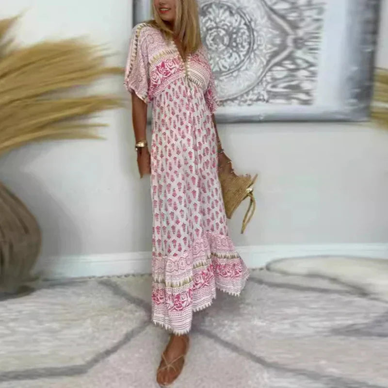 Annmarie | Women's Printed Short Sleeve V Neck Summer Maxi Dress