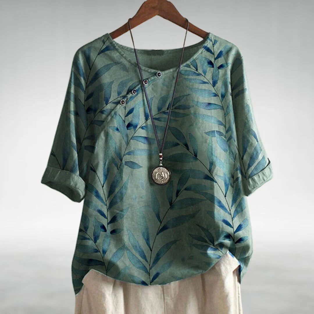 Anora | Women's Asymmetric Button Printed Crew Neck Blouse