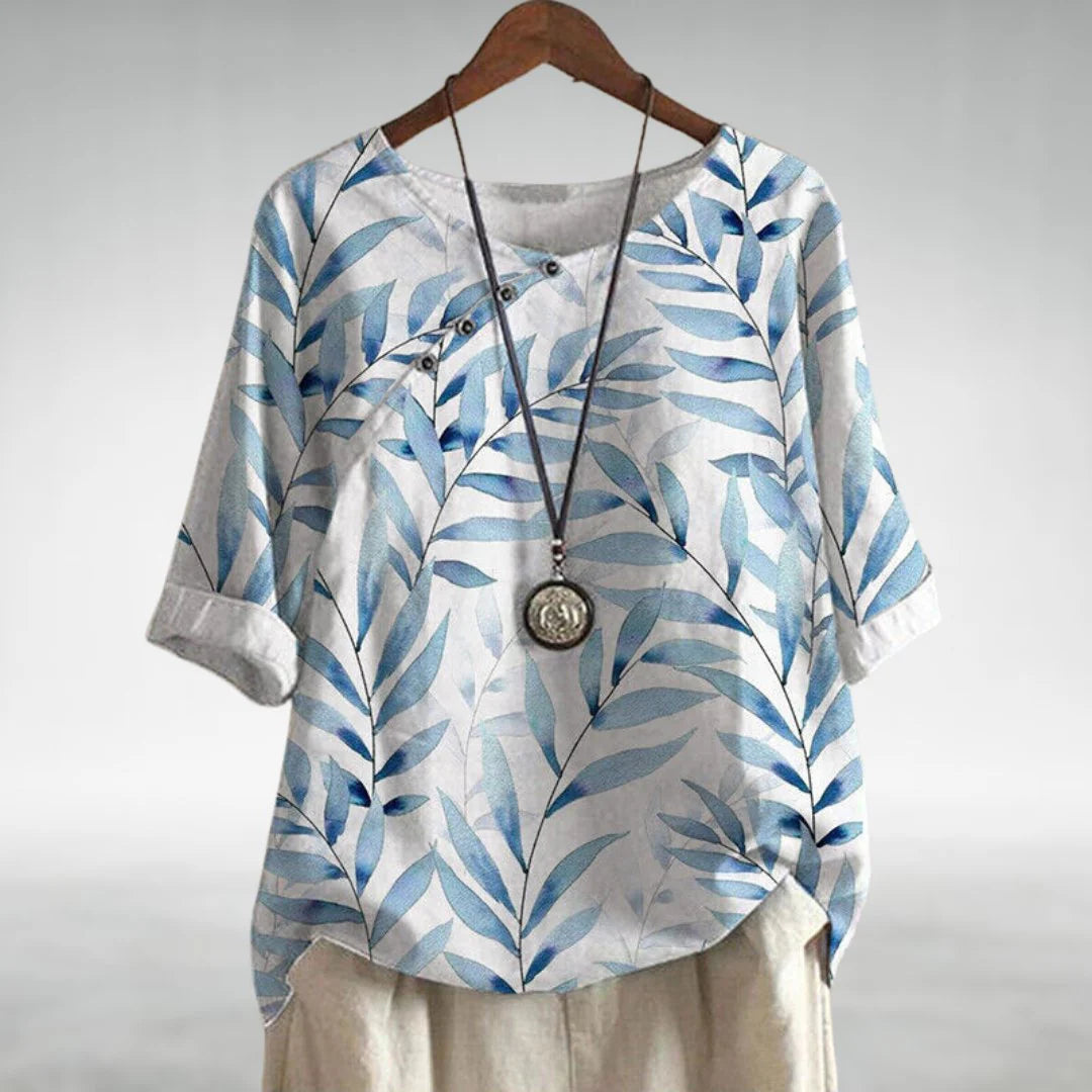 Anora | Women's Asymmetric Button Printed Crew Neck Blouse