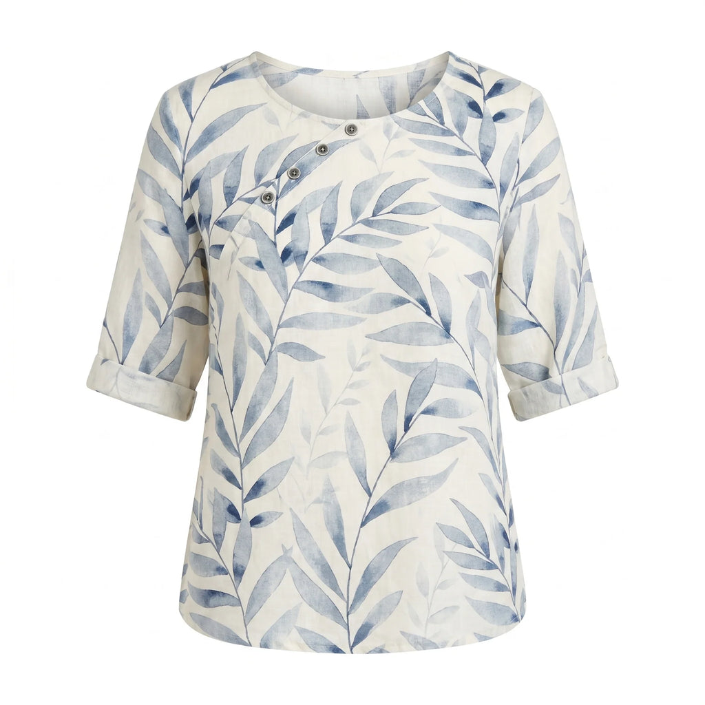 Anora | Women's Asymmetric Button Printed Crew Neck Blouse