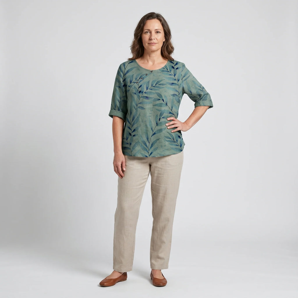 Anora | Women's Asymmetric Button Printed Crew Neck Blouse