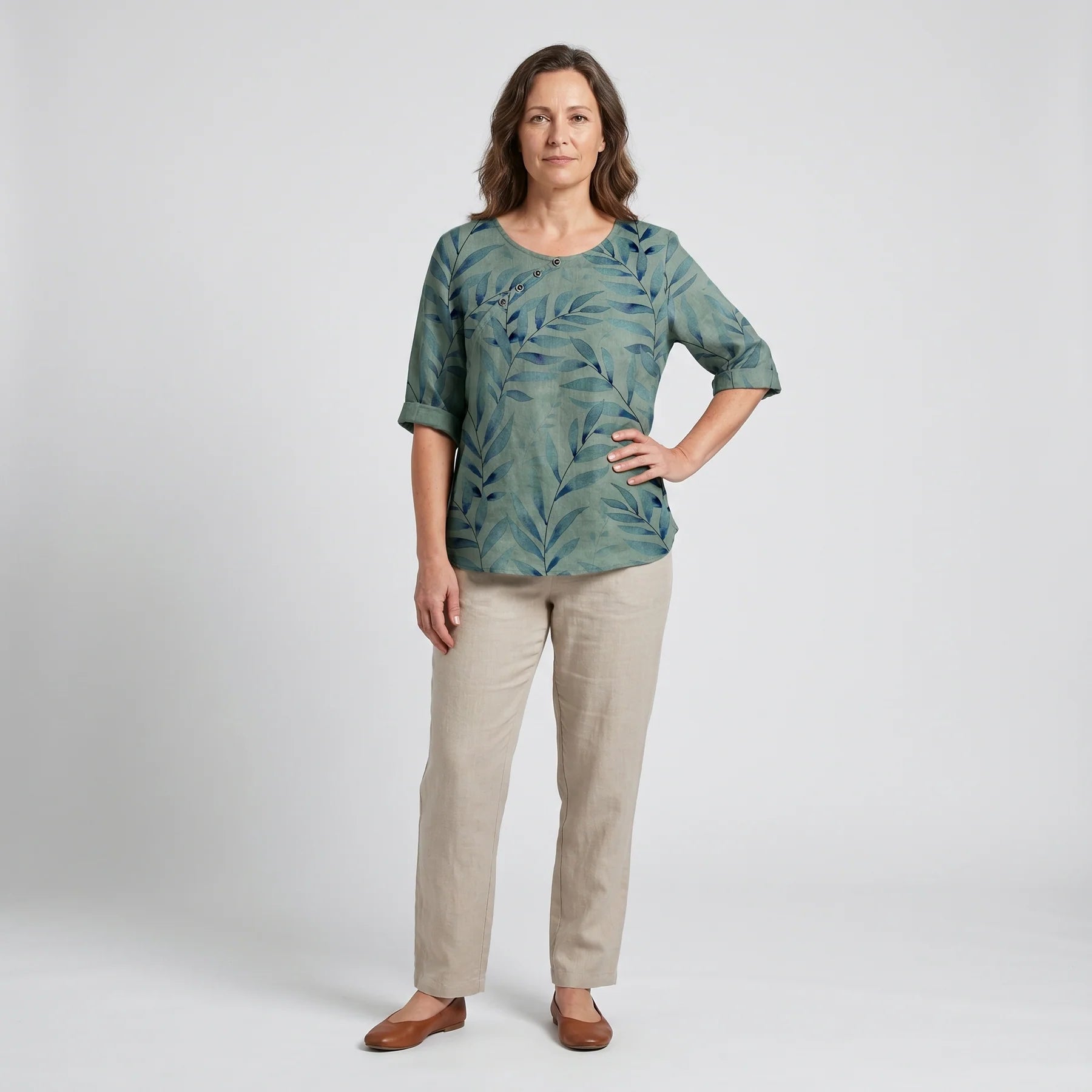 Anora | Women's Asymmetric Button Printed Crew Neck Blouse