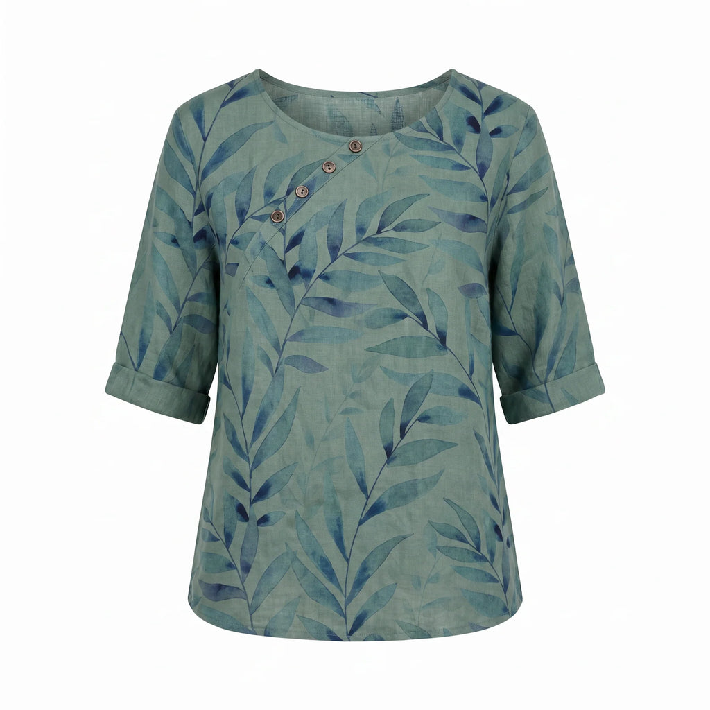 Anora | Women's Asymmetric Button Printed Crew Neck Blouse