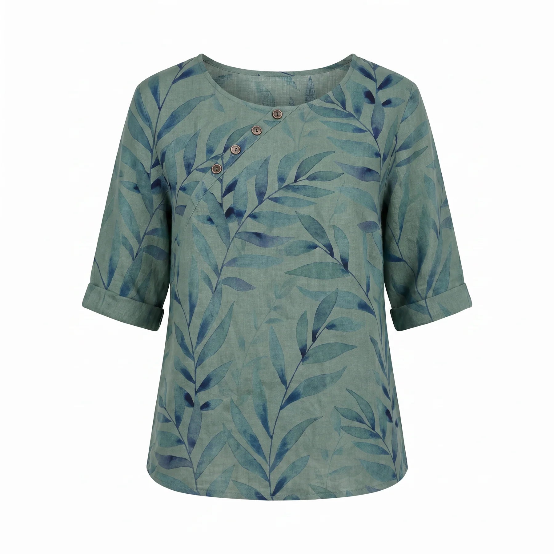 Anora | Women's Asymmetric Button Printed Crew Neck Blouse