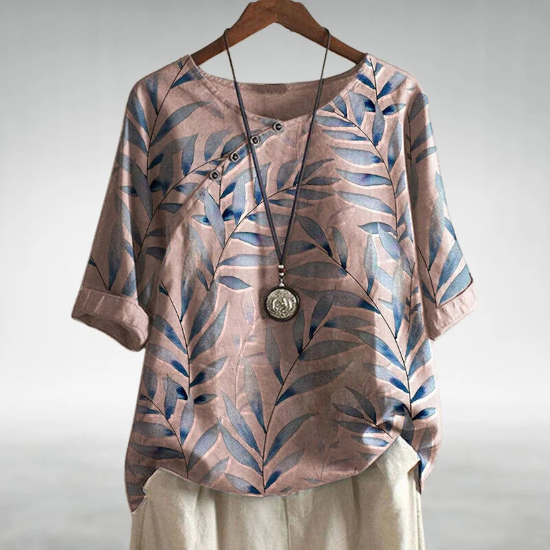 Anora | Women's Asymmetric Button Printed Crew Neck Blouse