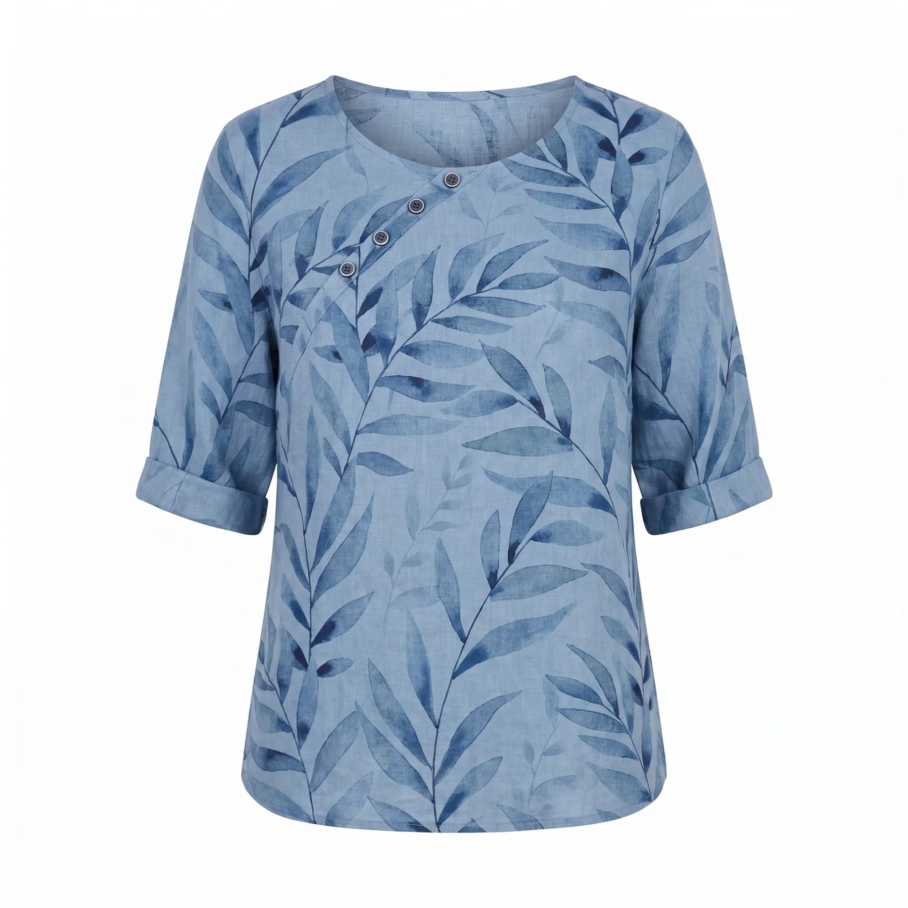 Anora | Women's Asymmetric Button Printed Crew Neck Blouse