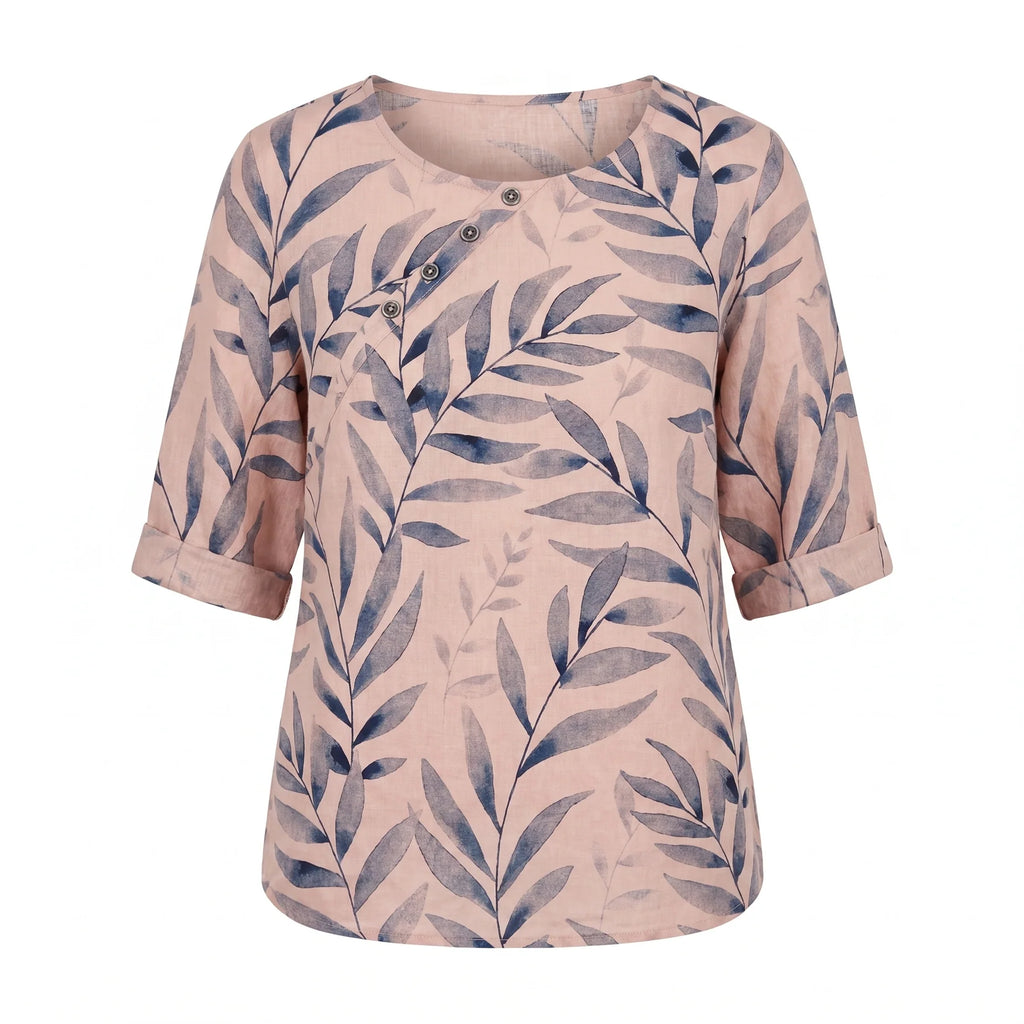 Anora | Women's Asymmetric Button Printed Crew Neck Blouse
