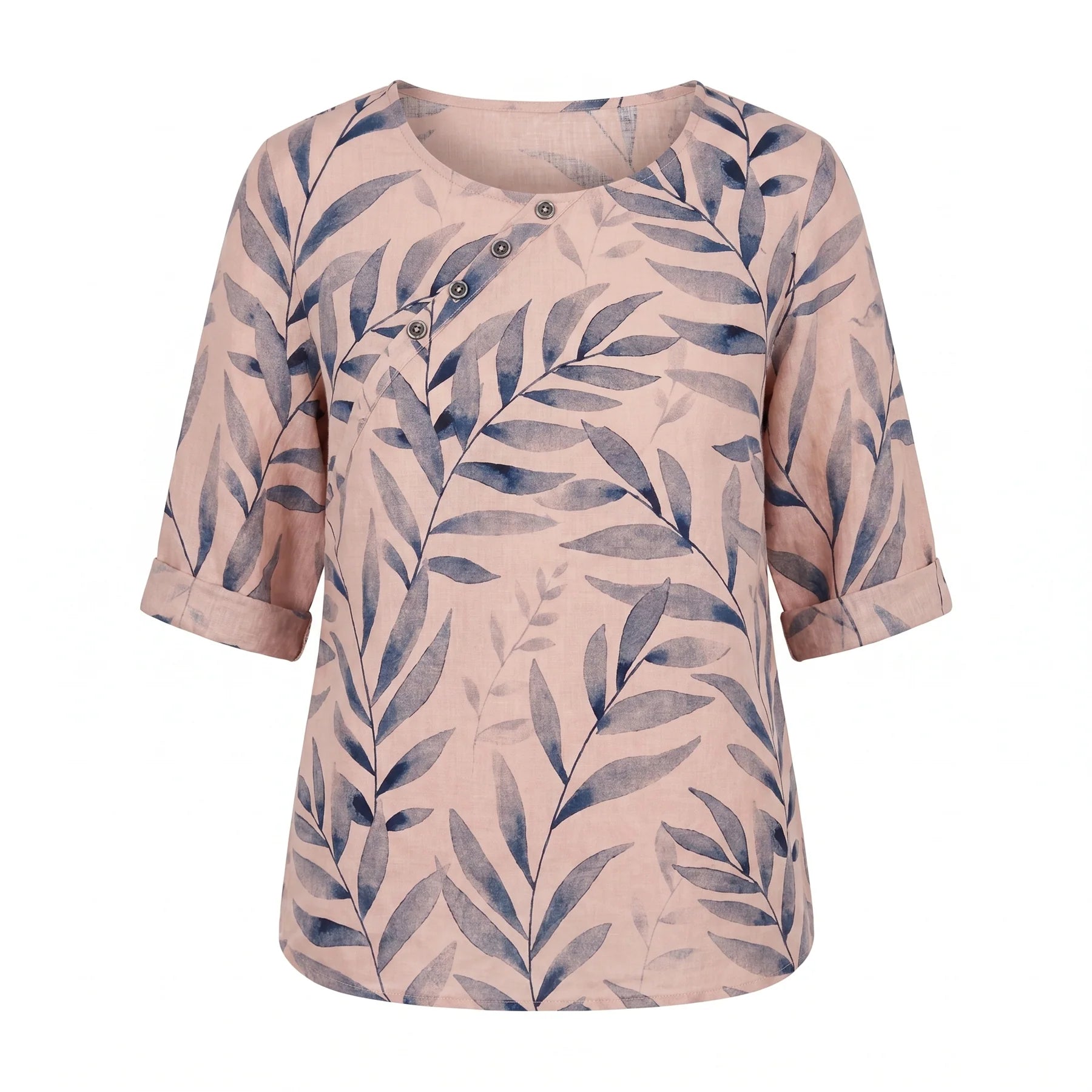 Anora | Women's Asymmetric Button Printed Crew Neck Blouse