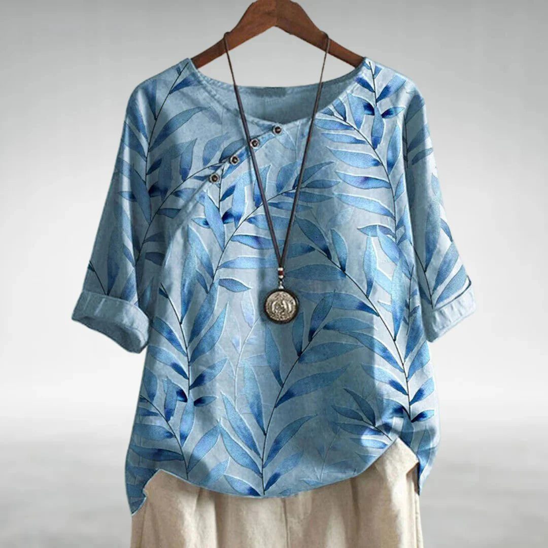 Anora | Women's Asymmetric Button Printed Crew Neck Blouse