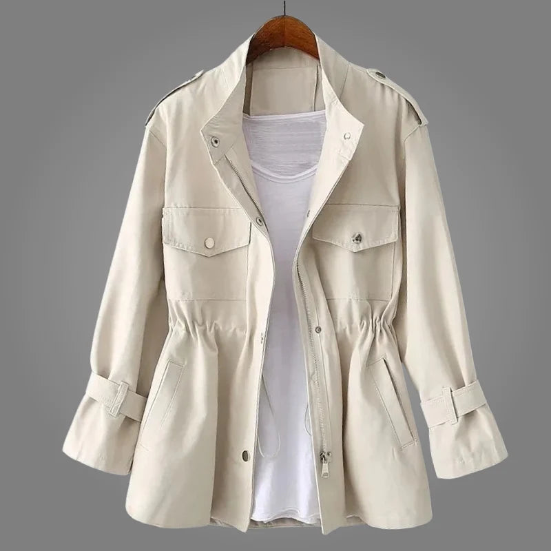 Ansha | Women’s High Collar Button Front Utility Pockets Coat