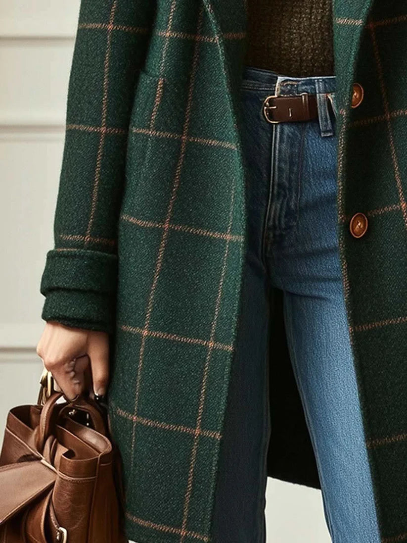 Ansley | Women's Button Front Long Sleeve Checked Coat