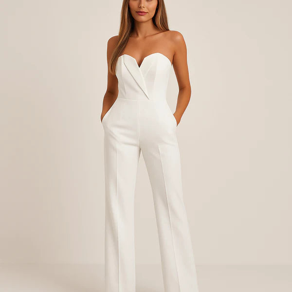Ansofia | Women's Strapless V Neck Wide Leg Pockets Jumpsuit