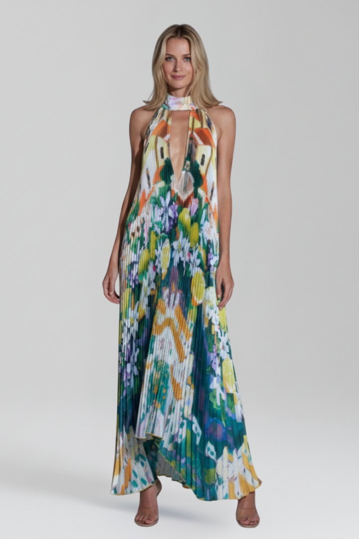 Antonette | Women’s Sleeveless Printed Halter Neck Wedding Guest Dress