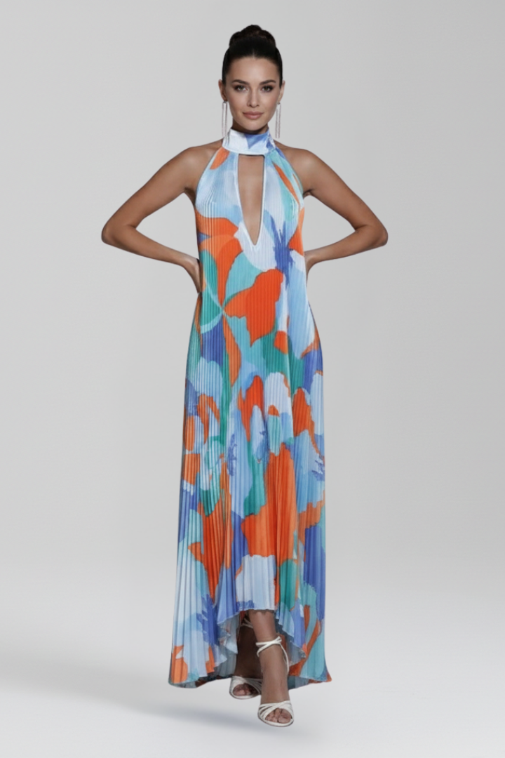 Antonette | Women’s Sleeveless Printed Halter Neck Wedding Guest Dress