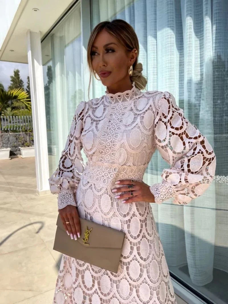 Arabella | Women’s Mock Neck Long Puff Sleeve Midi Dress