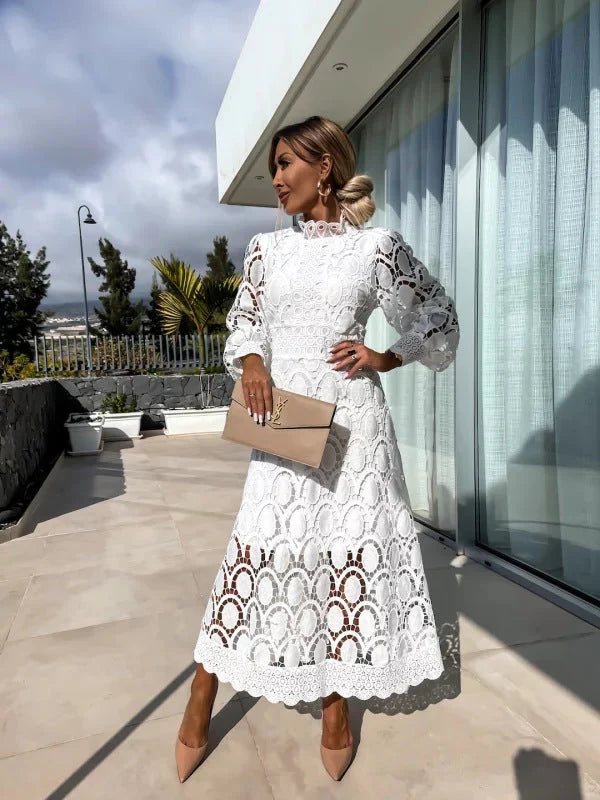 Arabella | Women’s Mock Neck Long Puff Sleeve Midi Dress